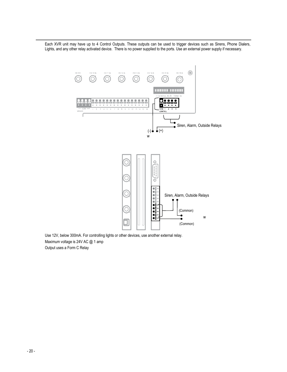 Connecting control outputs to the xvr, 16 channel, 4 channel | Toshiba XVR4-120-X User Manual | Page 32 / 35