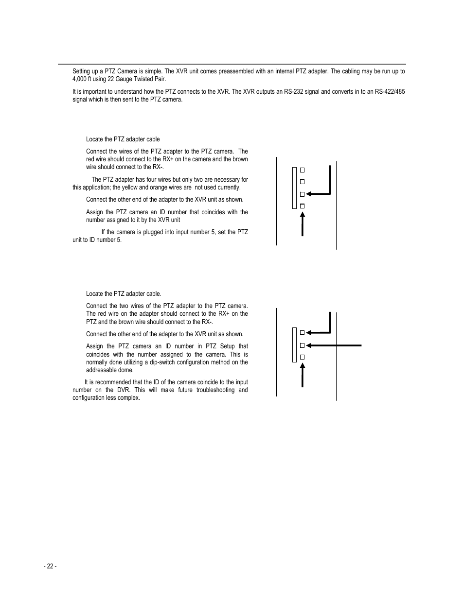 Connecting a ptz camera, Attaching the rs-485 adapter – 4 channel | Toshiba XVR4-120-X User Manual | Page 34 / 35