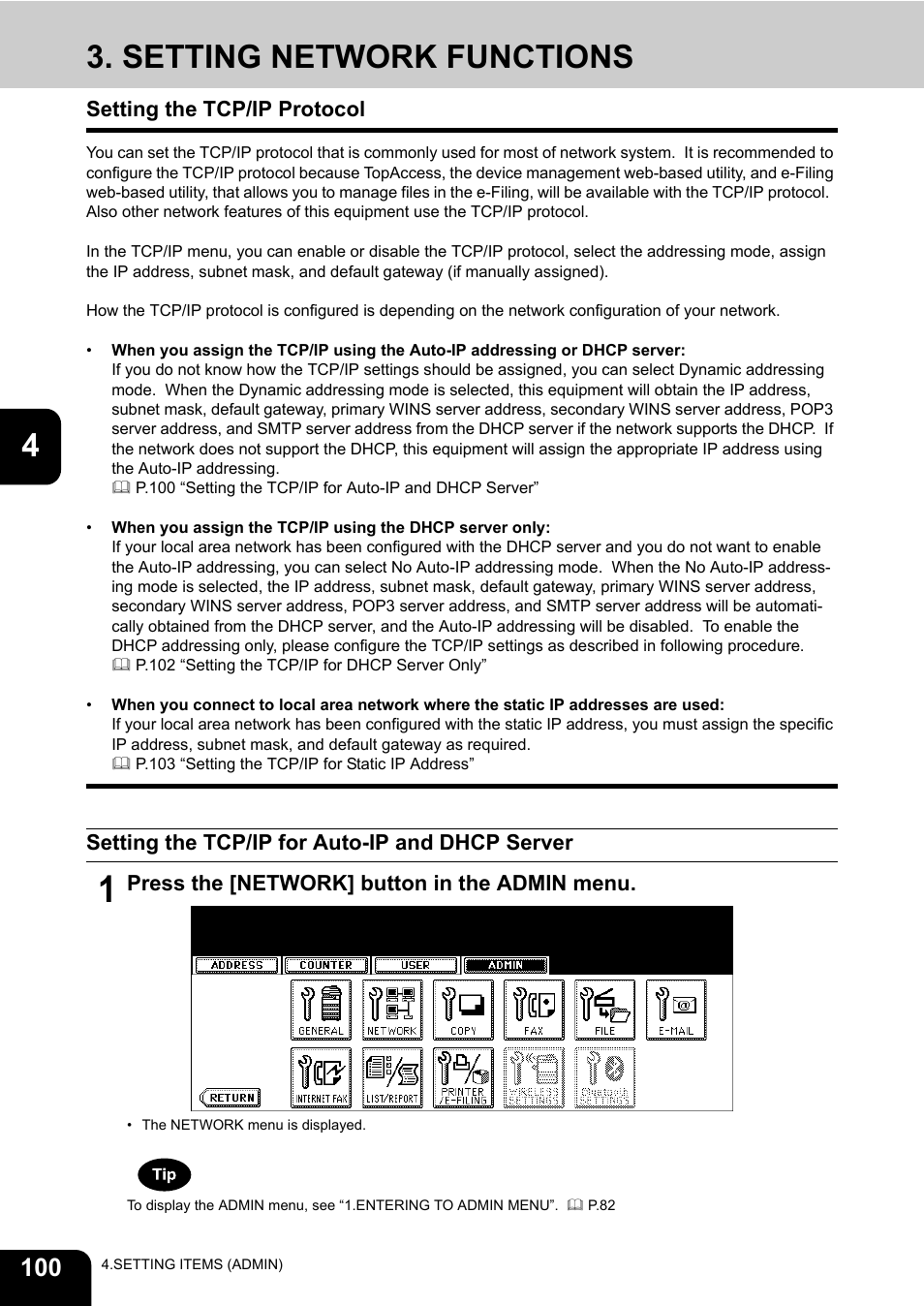 Setting network functions, Setting the tcp/ip protocol, Setting the tcp/ip for auto-ip and dhcp server | P.100 “3.setting network functions | Toshiba TEC B 452 User Manual | Page 102 / 184