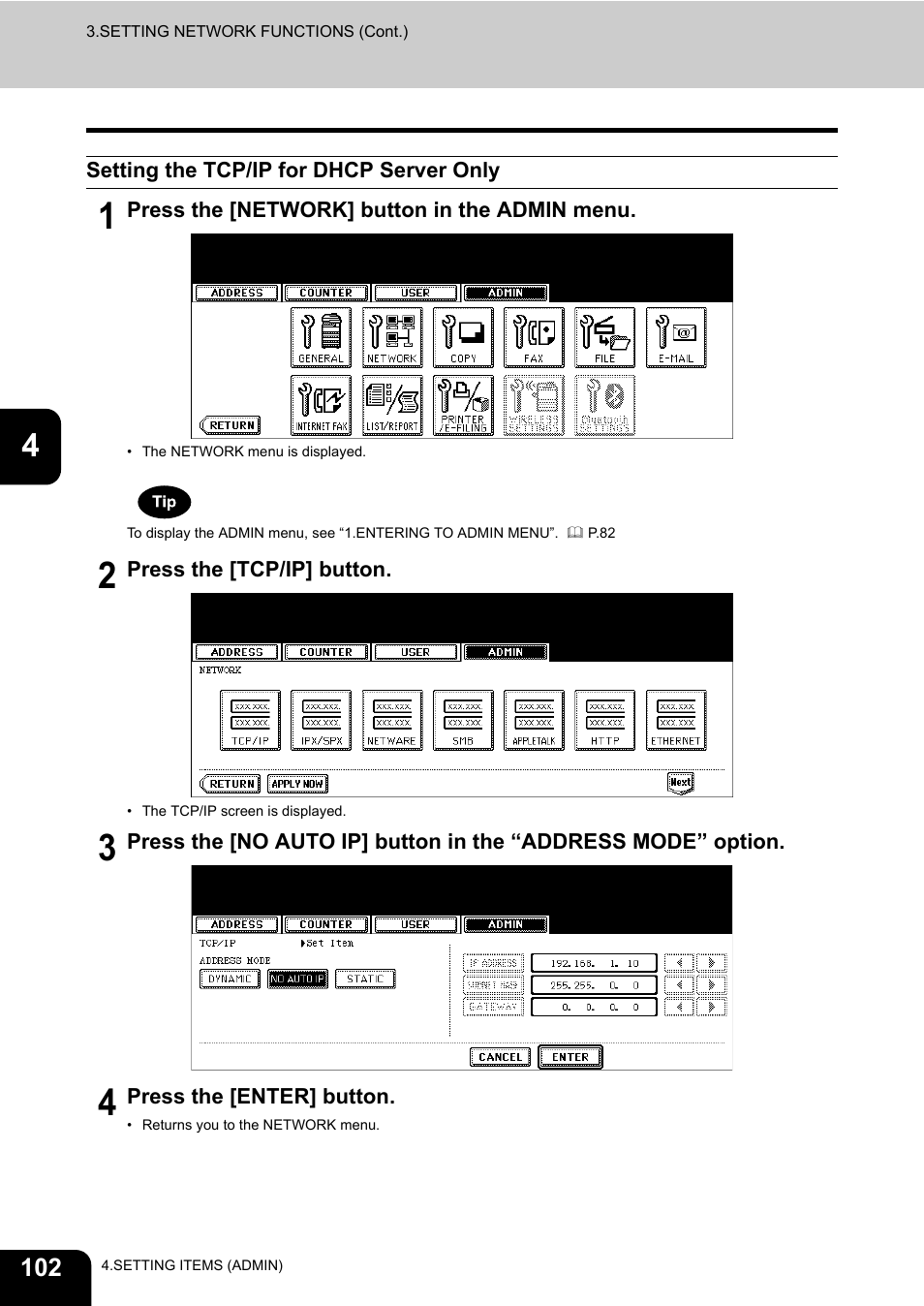 Setting the tcp/ip for dhcp server only, P.102 “setting the tcp/ip for dhcp server only | Toshiba TEC B 452 User Manual | Page 104 / 184