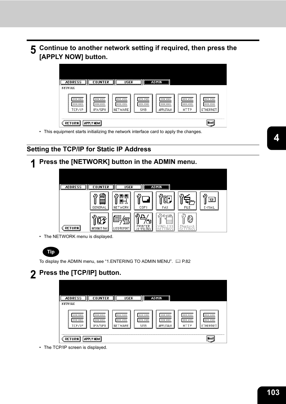 Setting the tcp/ip for static ip address, P.103 “setting the tcp/ip for static ip address | Toshiba TEC B 452 User Manual | Page 105 / 184