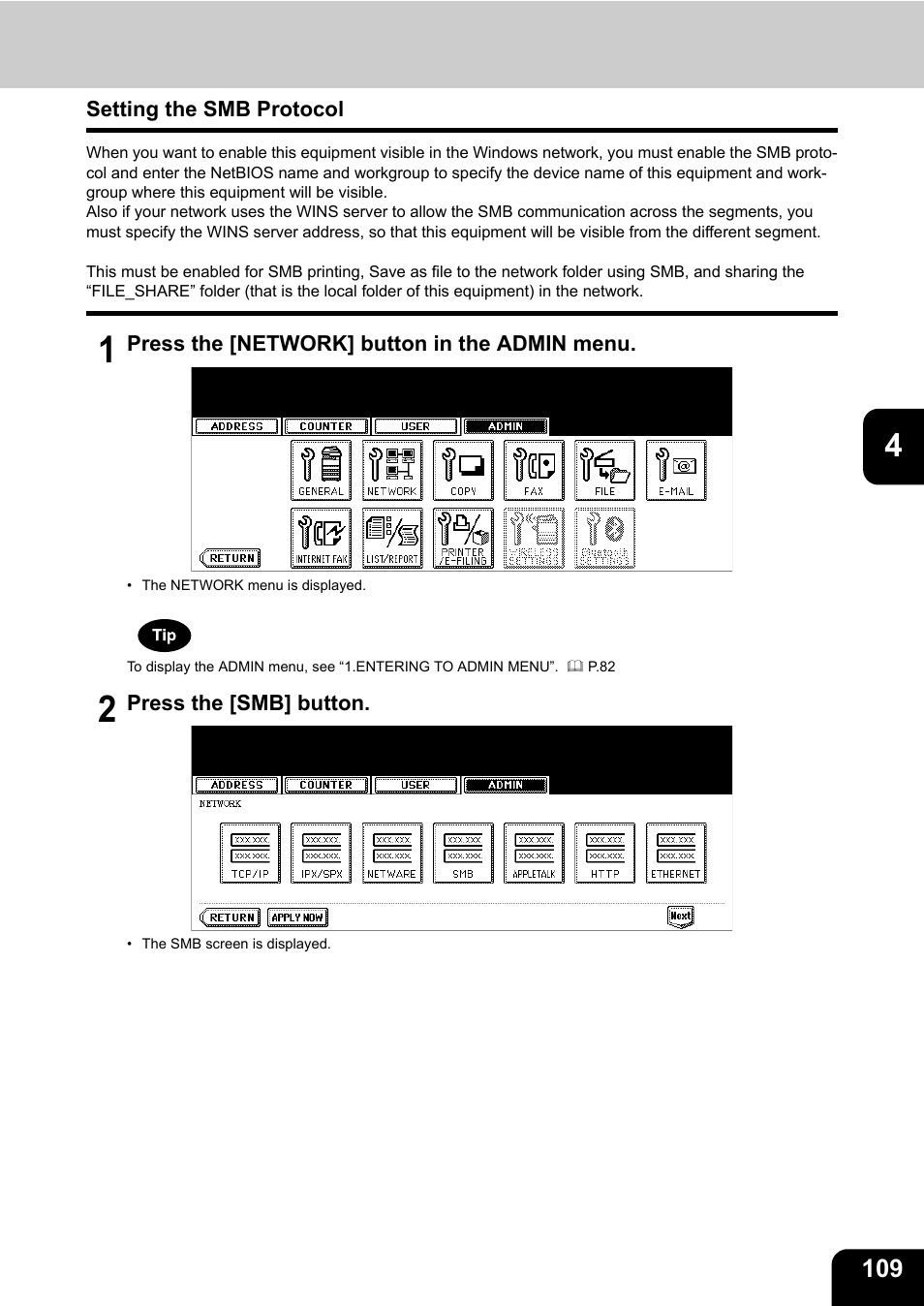 Setting the smb protocol | Toshiba TEC B 452 User Manual | Page 111 / 184