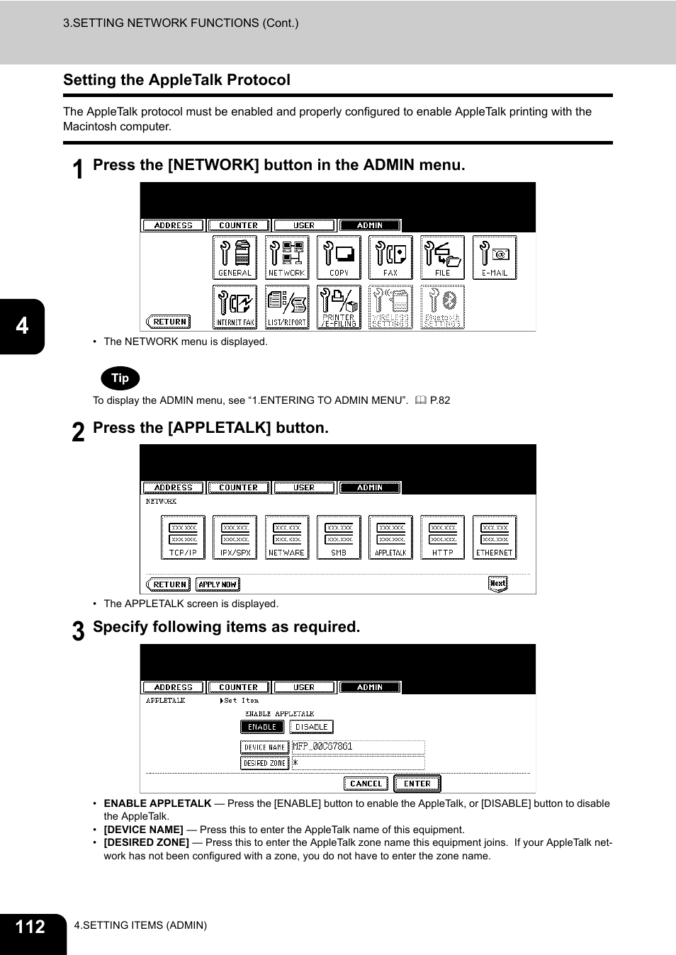 Setting the appletalk protocol | Toshiba TEC B 452 User Manual | Page 114 / 184