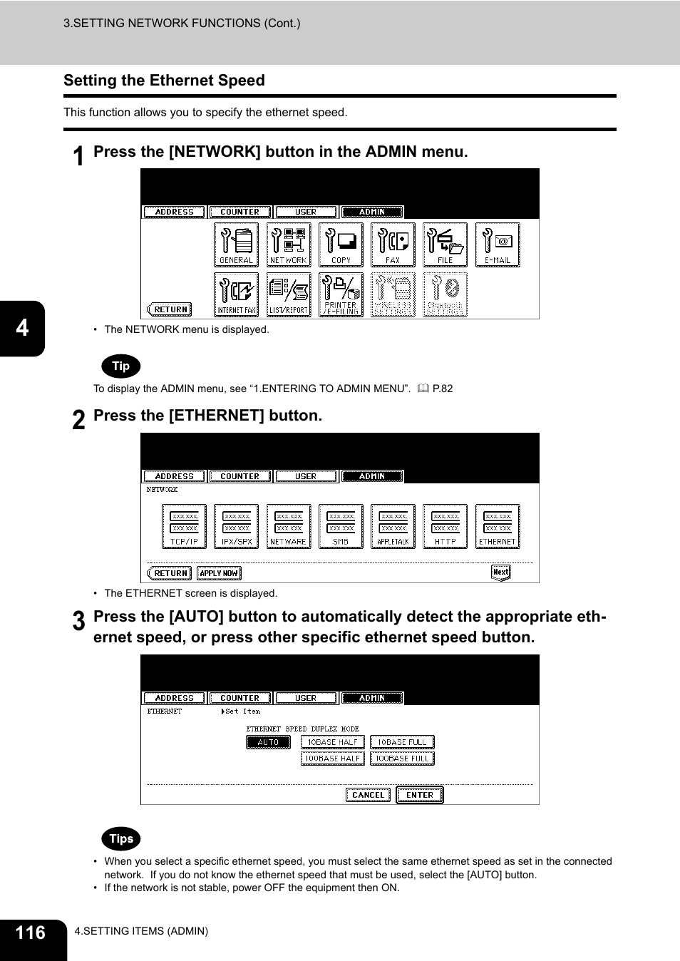 Setting the ethernet speed | Toshiba TEC B 452 User Manual | Page 118 / 184