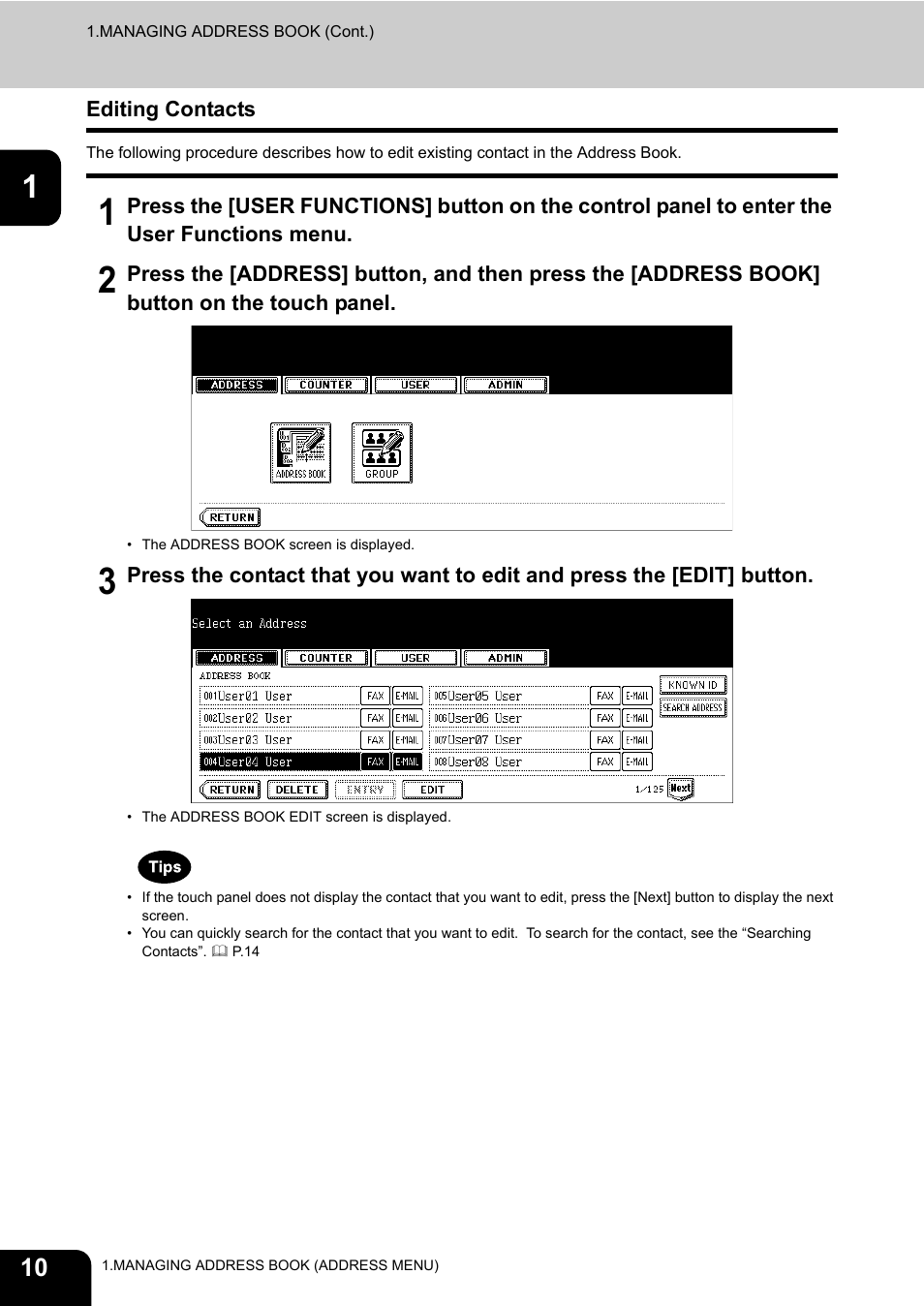 Editing contacts, P.10 “editing contacts | Toshiba TEC B 452 User Manual | Page 12 / 184