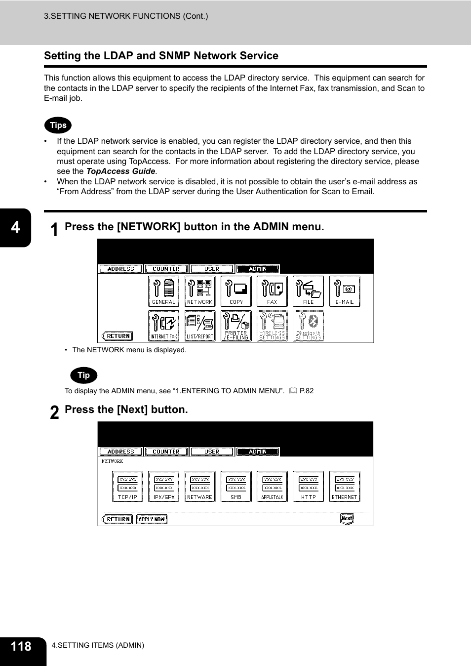 Setting the ldap and snmp network service | Toshiba TEC B 452 User Manual | Page 120 / 184