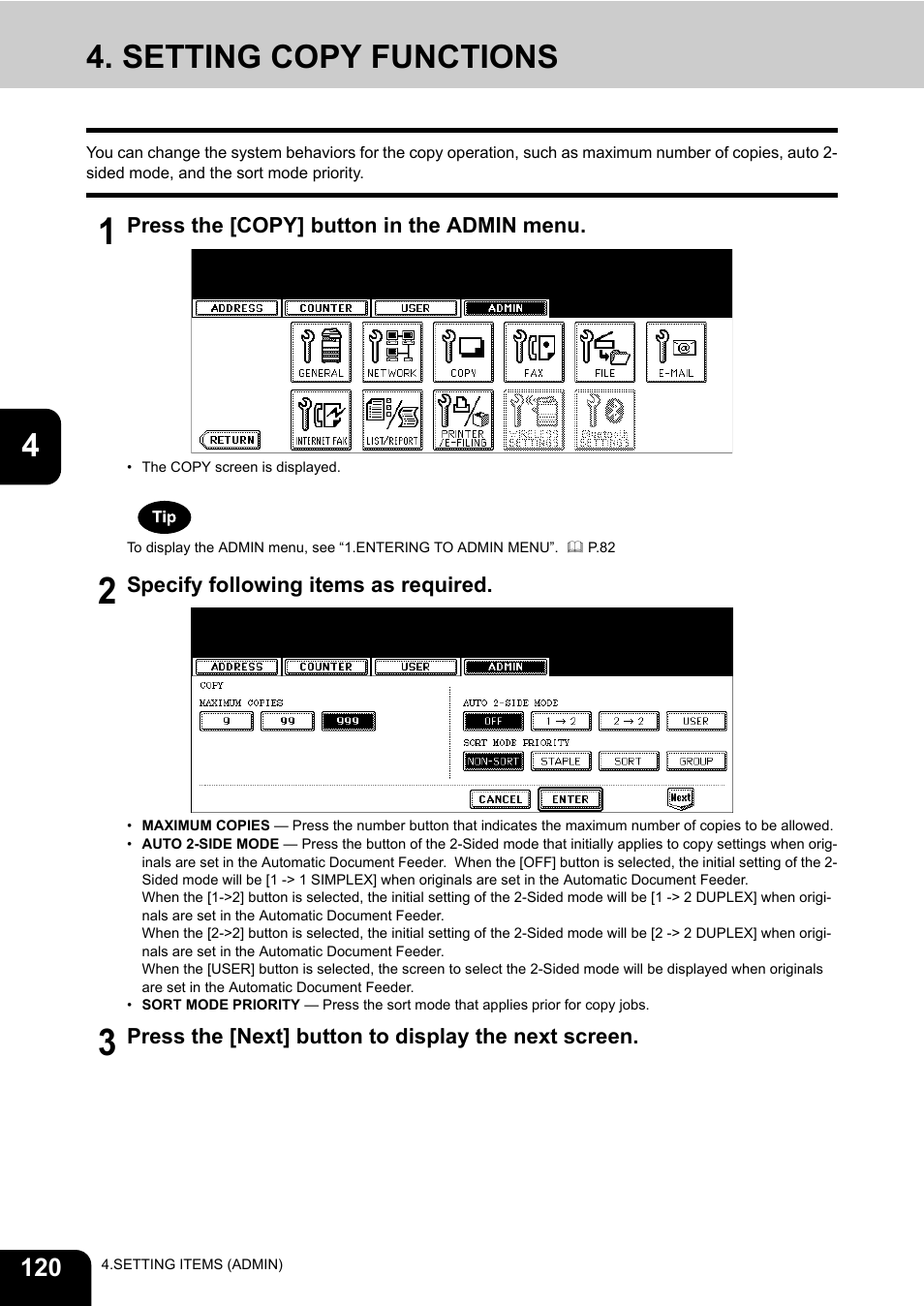 Setting copy functions, P.120 “4.setting copy functions | Toshiba TEC B 452 User Manual | Page 122 / 184