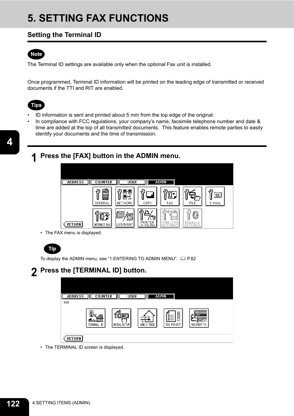 Setting fax functions, Setting the terminal id, P.122 “5.setting fax functions | Toshiba TEC B 452 User Manual | Page 124 / 184