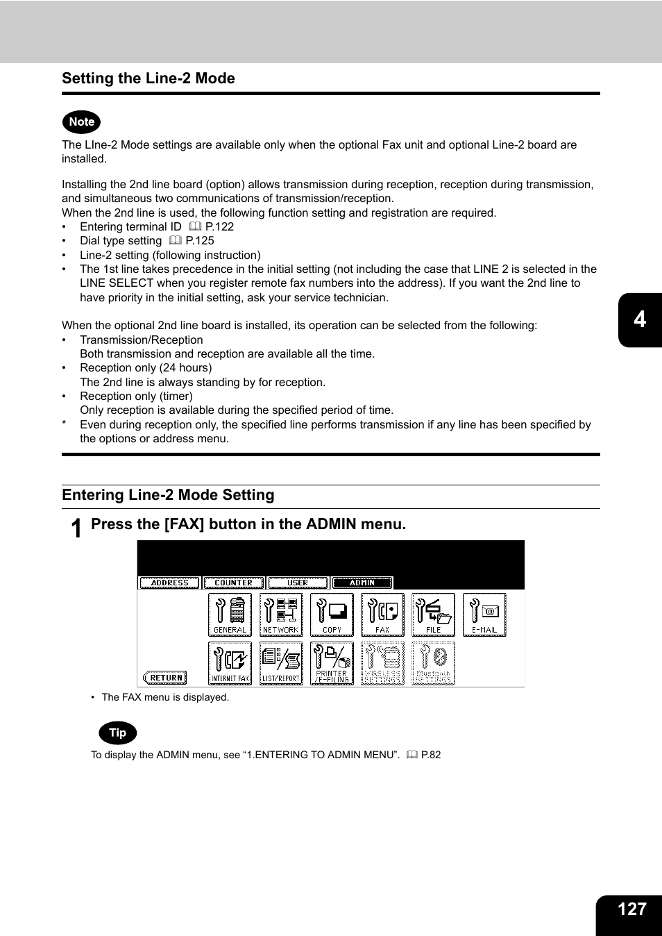 Setting the line-2 mode, Entering line-2 mode setting, Press the [fax] button in the admin menu | Toshiba TEC B 452 User Manual | Page 129 / 184