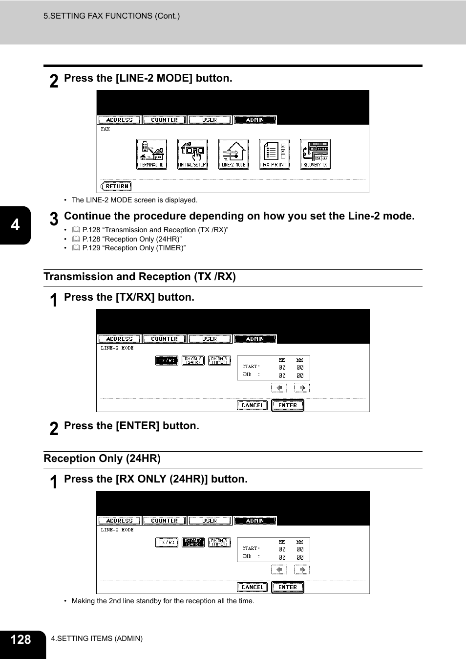 Transmission and reception (tx /rx), Reception only (24hr) | Toshiba TEC B 452 User Manual | Page 130 / 184