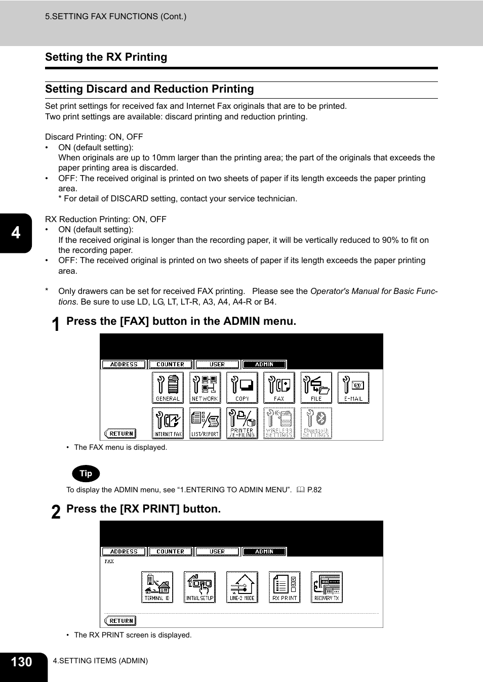 Setting the rx printing, Setting discard and reduction printing | Toshiba TEC B 452 User Manual | Page 132 / 184