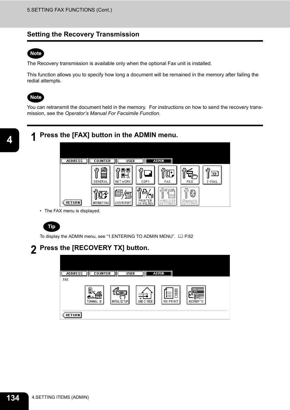 Setting the recovery transmission | Toshiba TEC B 452 User Manual | Page 136 / 184