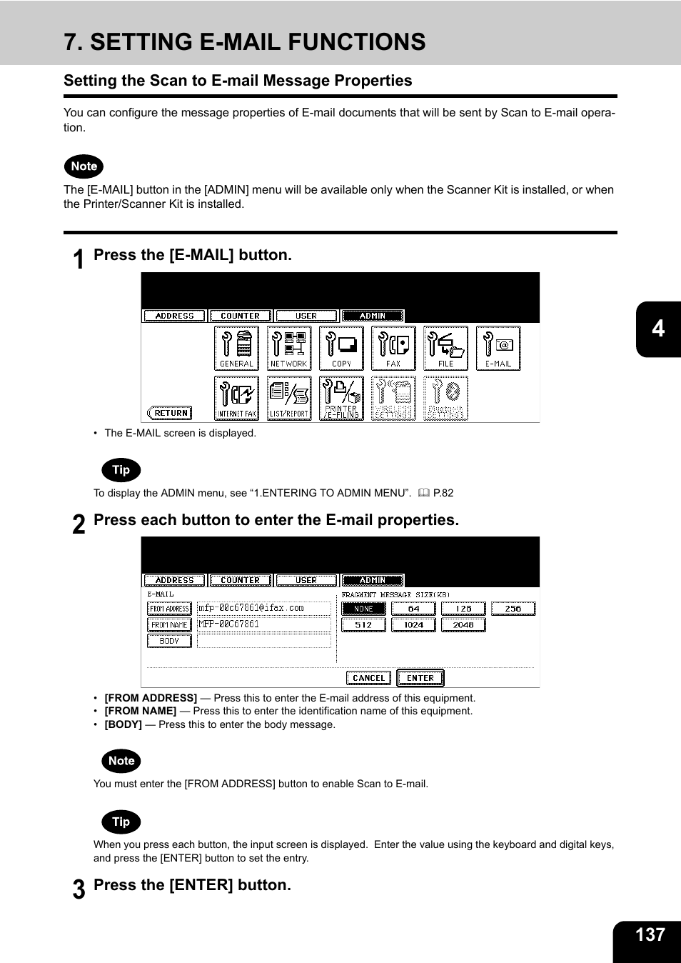 Setting e-mail functions, Setting the scan to e-mail message properties, P.137 “7.setting e-mail functions | Toshiba TEC B 452 User Manual | Page 139 / 184