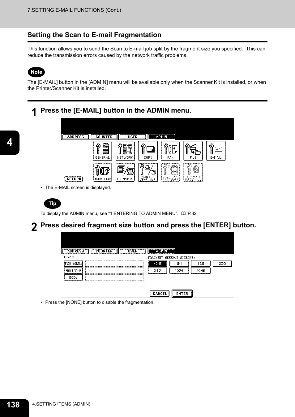 Setting the scan to e-mail fragmentation | Toshiba TEC B 452 User Manual | Page 140 / 184