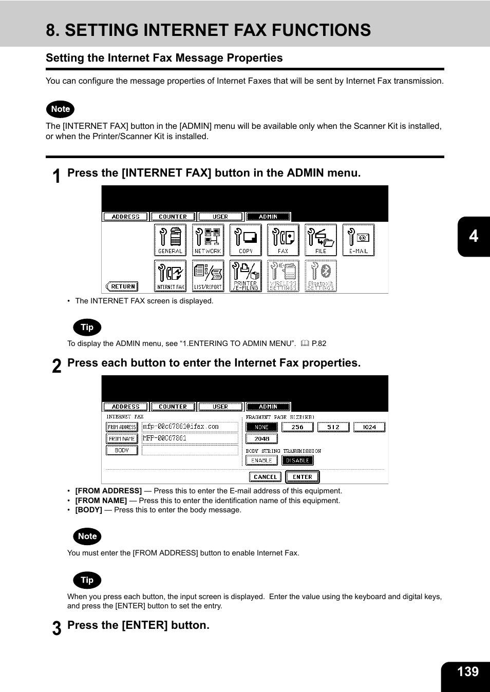 Setting internet fax functions, Setting the internet fax message properties, P.139 “8.setting internet fax functions | Toshiba TEC B 452 User Manual | Page 141 / 184