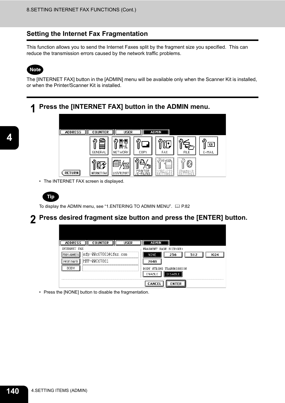 Setting the internet fax fragmentation | Toshiba TEC B 452 User Manual | Page 142 / 184