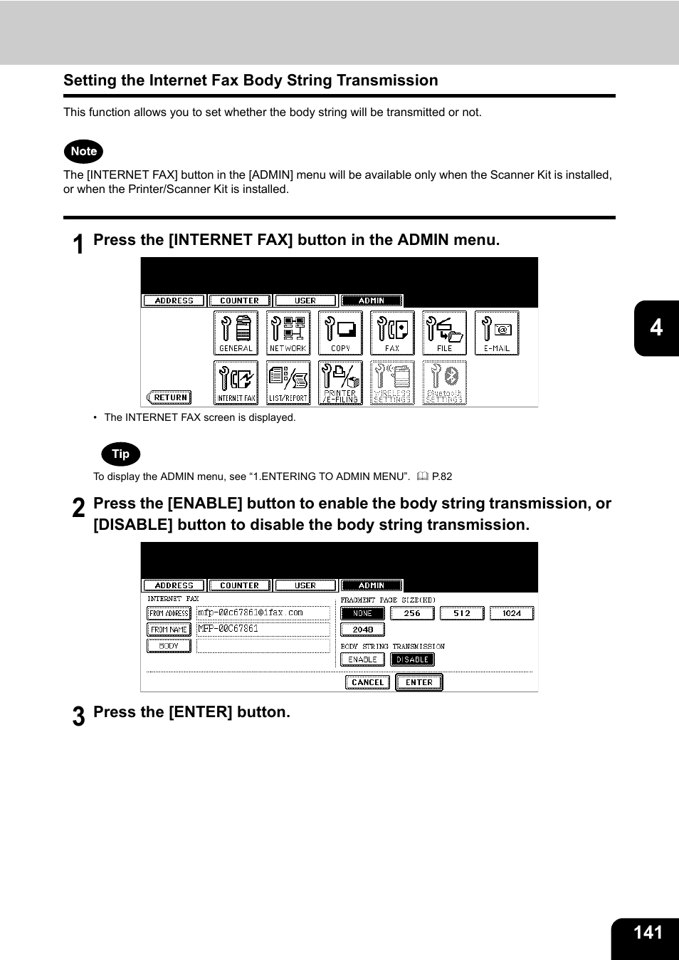 Setting the internet fax body string transmission | Toshiba TEC B 452 User Manual | Page 143 / 184