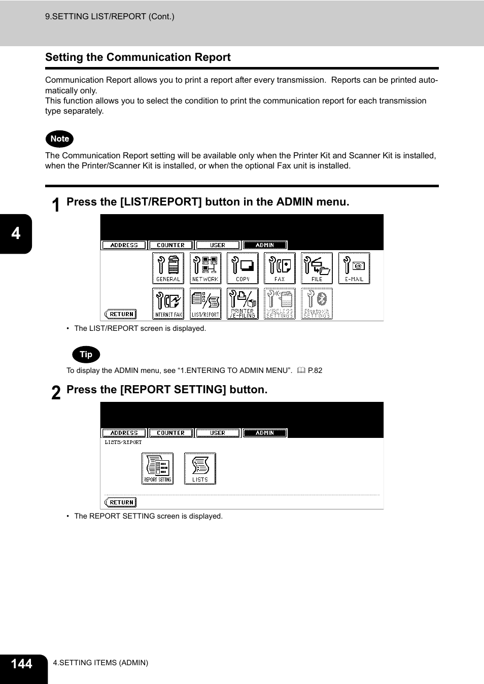 Setting the communication report | Toshiba TEC B 452 User Manual | Page 146 / 184