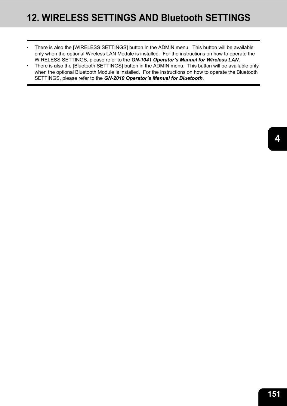 Wireless settings and bluetooth settings | Toshiba TEC B 452 User Manual | Page 153 / 184