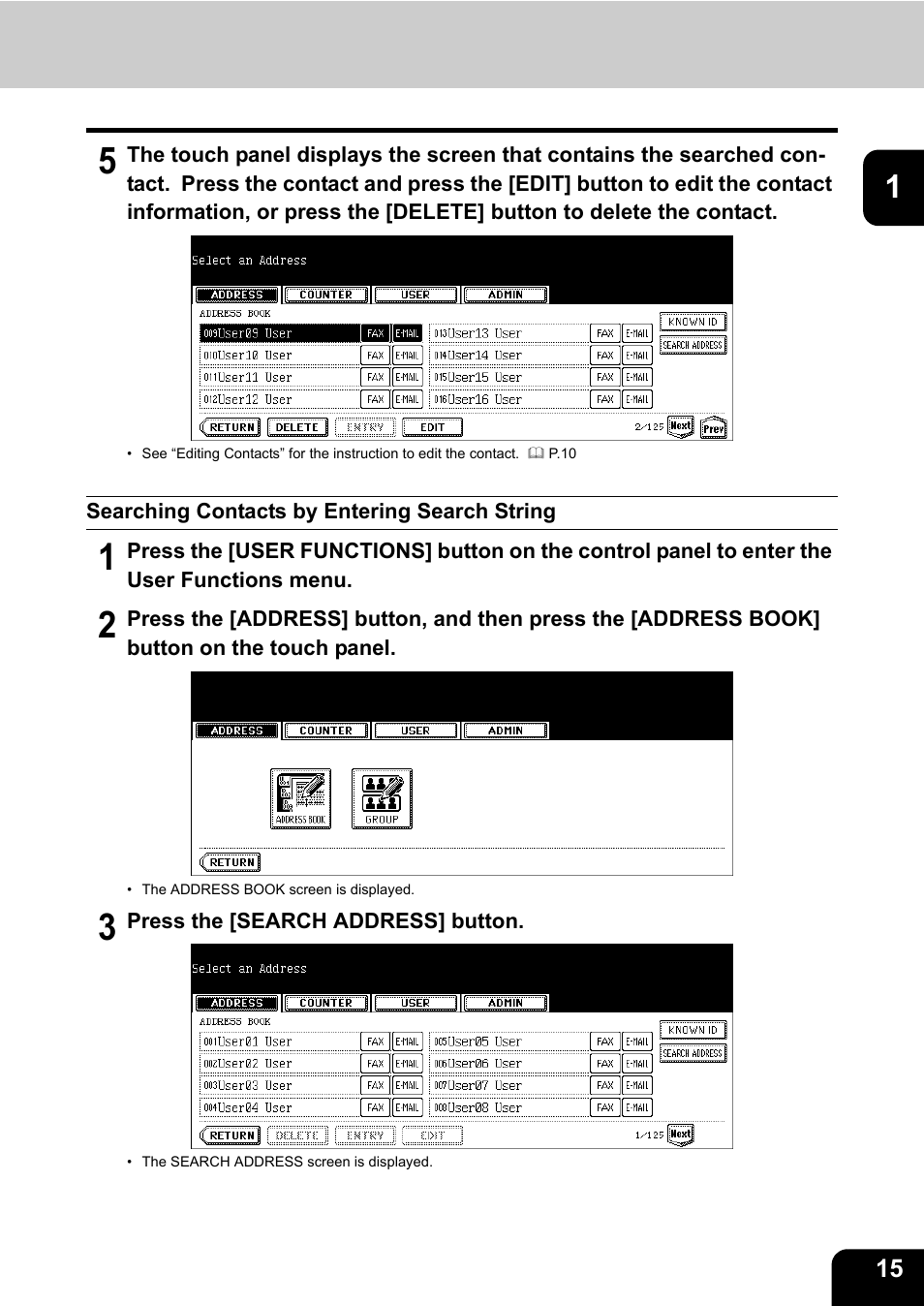 Searching contacts by entering search string | Toshiba TEC B 452 User Manual | Page 17 / 184