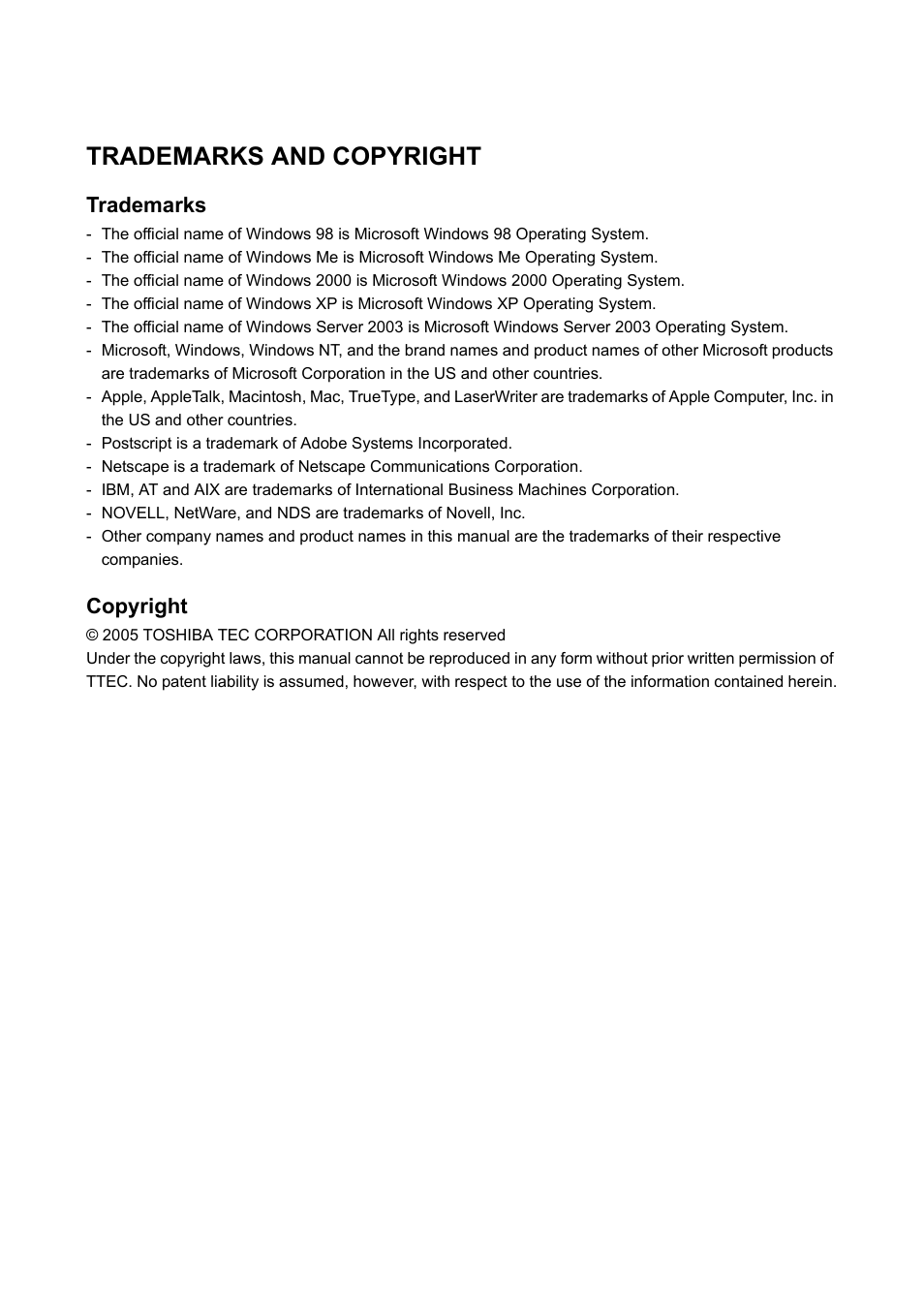 Trademarks and copyright, Trademarks, Copyright | Toshiba TEC B 452 User Manual | Page 2 / 184