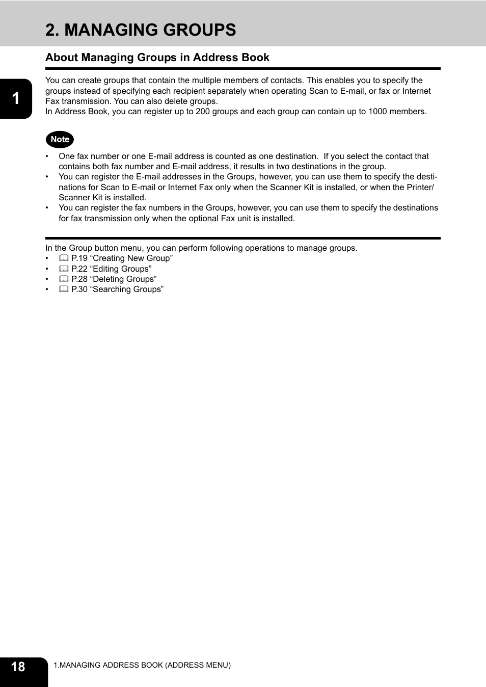 Managing groups, About managing groups in address book | Toshiba TEC B 452 User Manual | Page 20 / 184