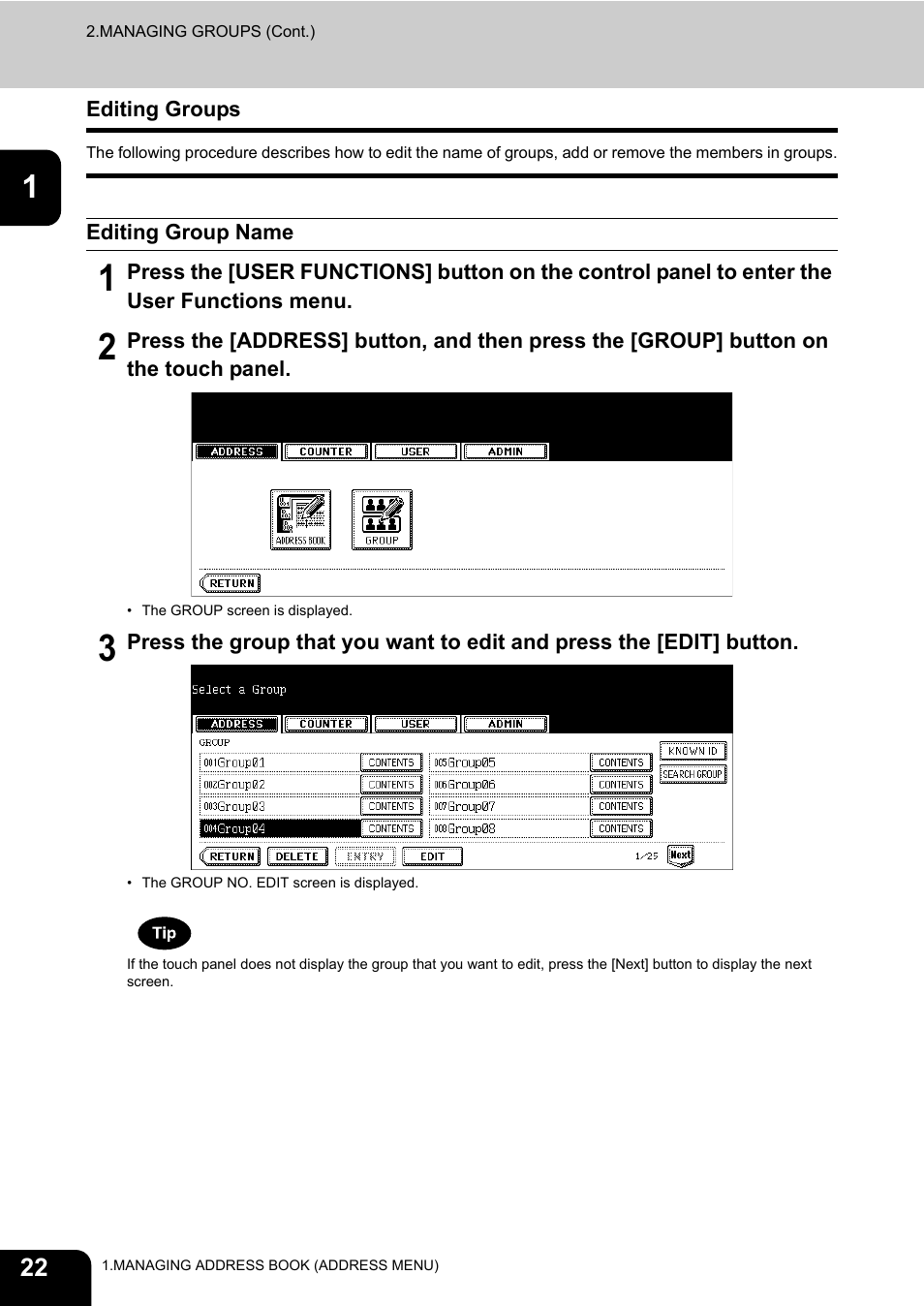 Editing groups, Editing group name, P.22 “editing groups | Toshiba TEC B 452 User Manual | Page 24 / 184