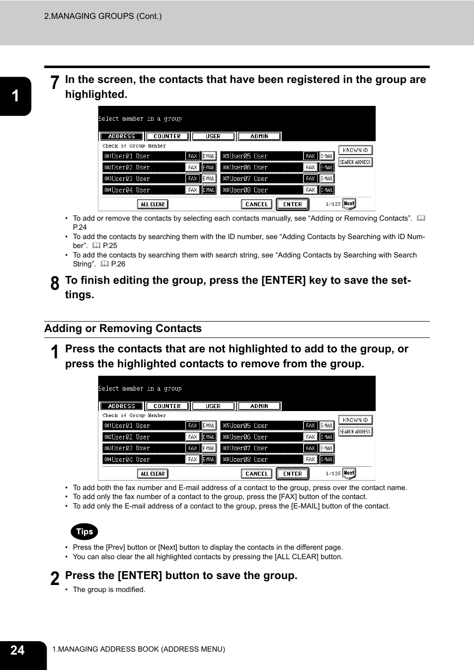 Adding or removing contacts, See “adding or removing contacts, P.24 | Toshiba TEC B 452 User Manual | Page 26 / 184