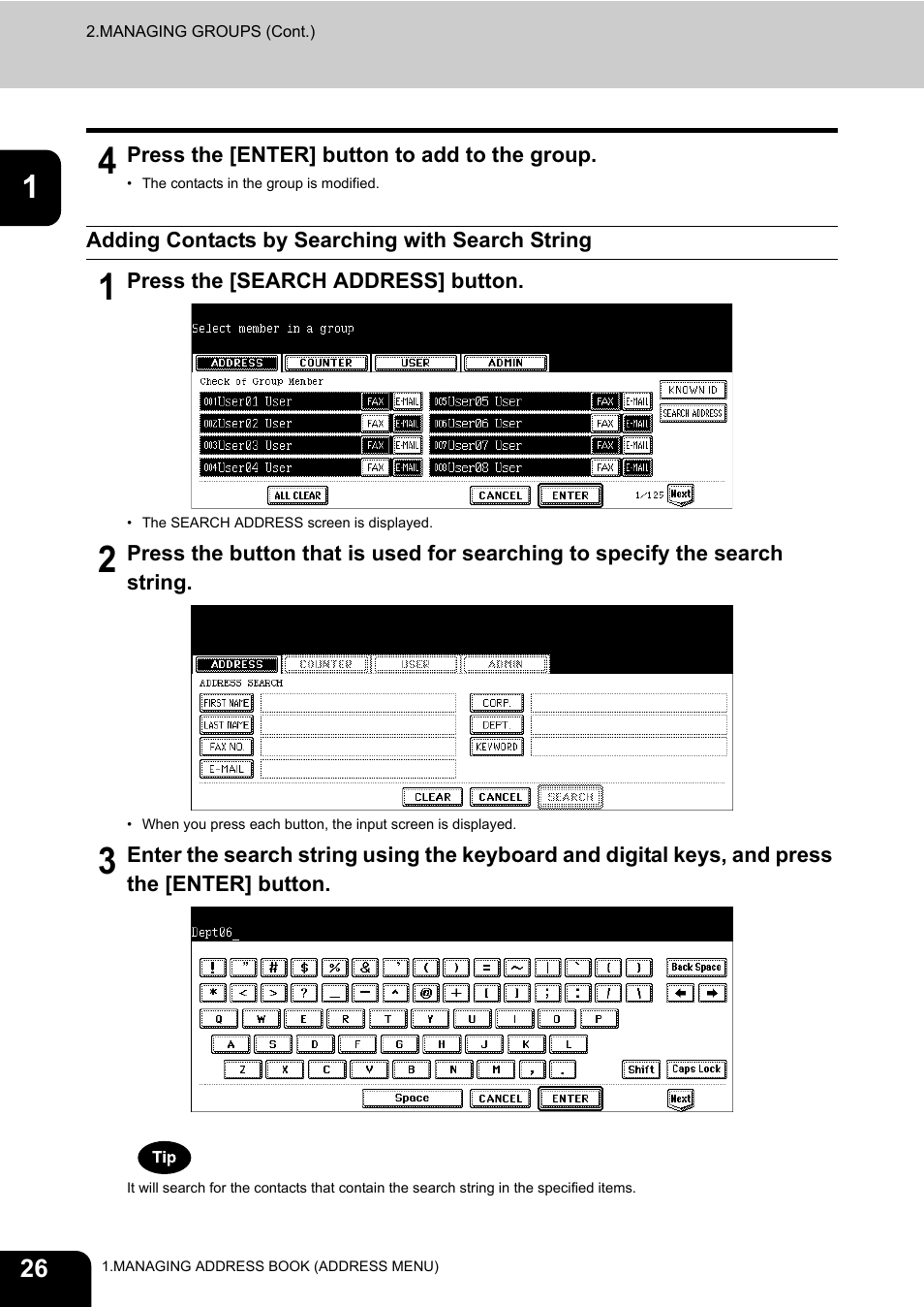 Adding contacts by searching with search string, Ng, see “adding contacts by searching with search, String”. p.26 | Toshiba TEC B 452 User Manual | Page 28 / 184