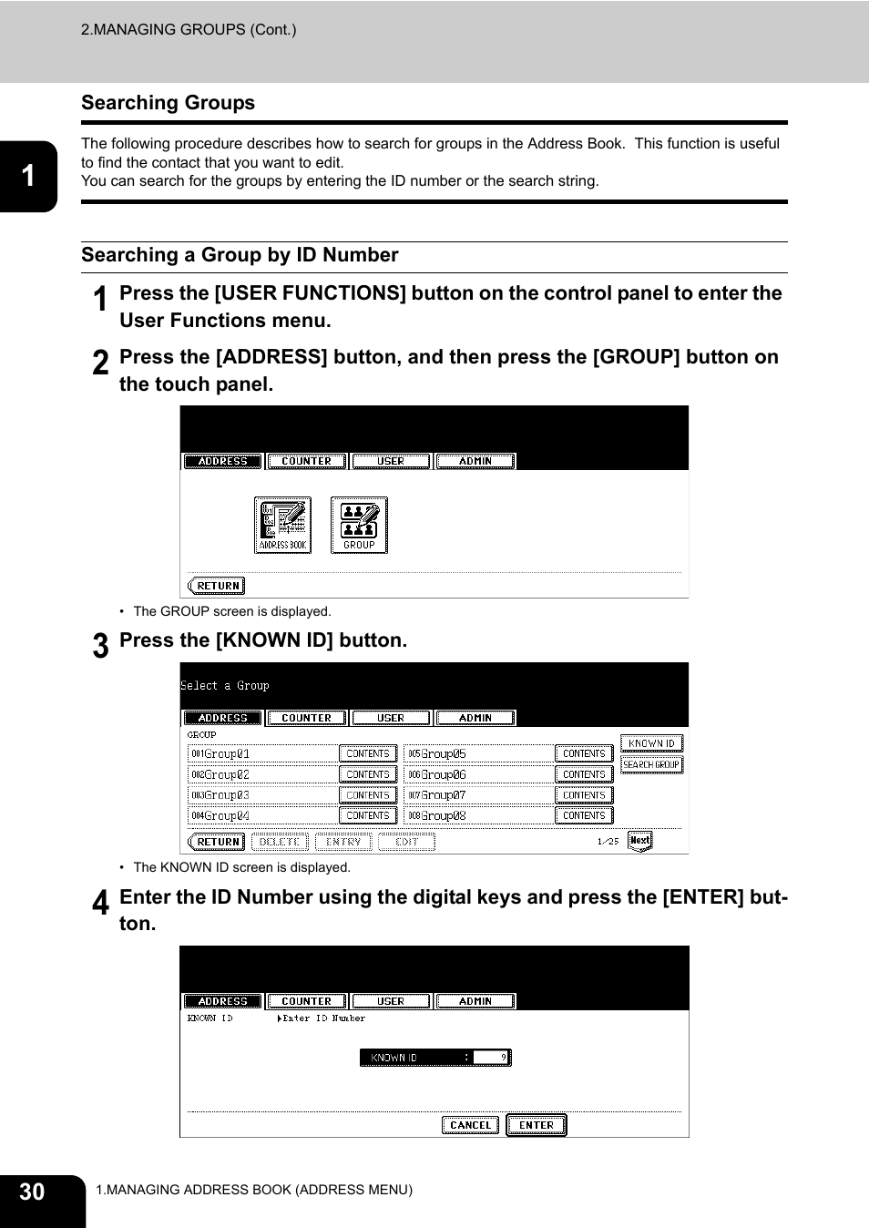 Searching groups, Searching a group by id number, P.30 “searching groups | Toshiba TEC B 452 User Manual | Page 32 / 184