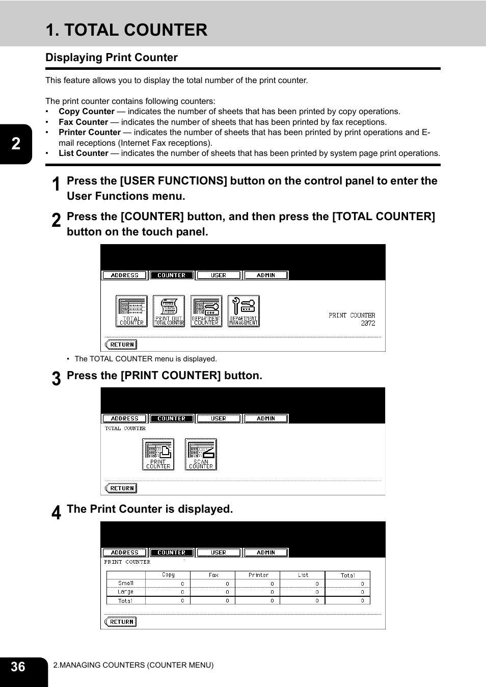 Total counter, Displaying print counter | Toshiba TEC B 452 User Manual | Page 38 / 184