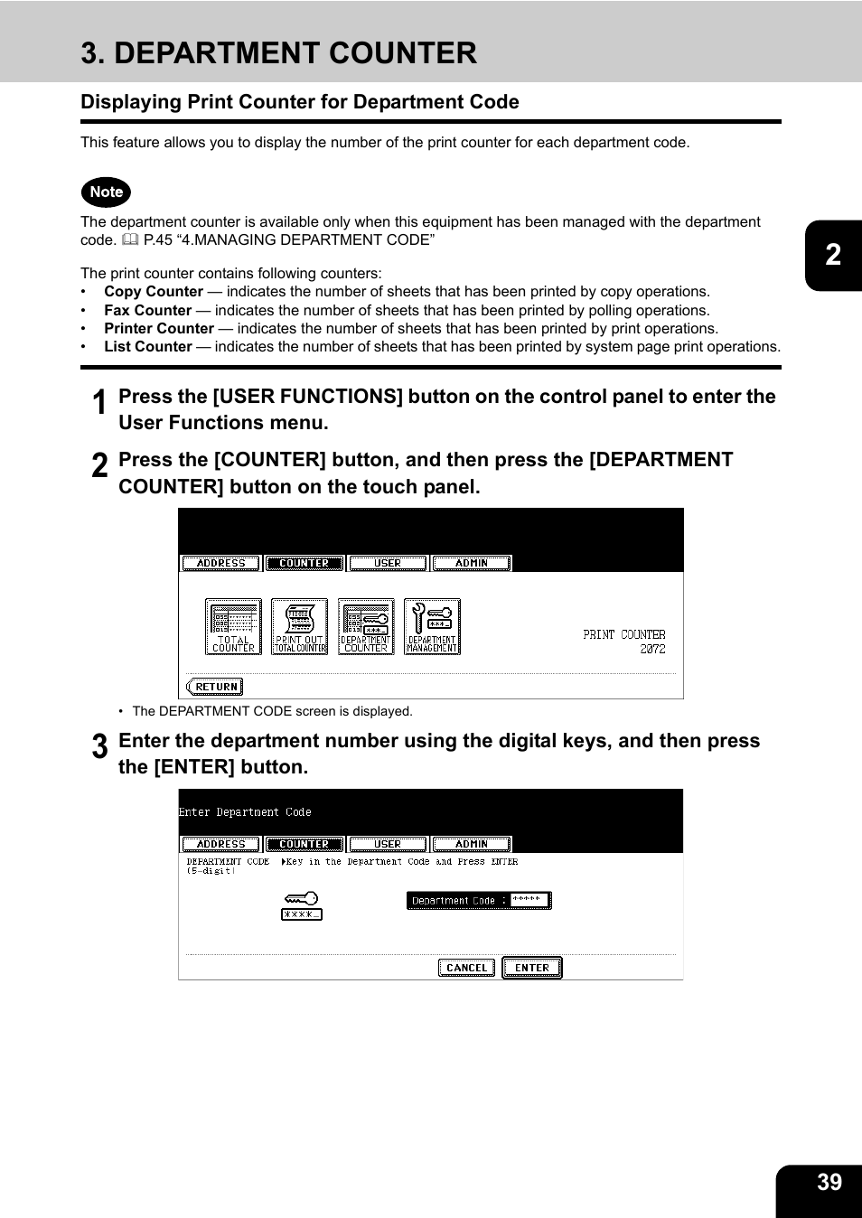 Department counter, Displaying print counter for department code | Toshiba TEC B 452 User Manual | Page 41 / 184