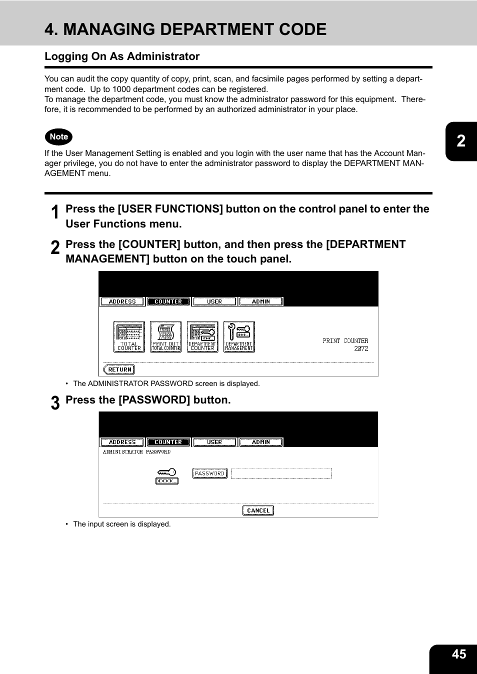 Managing department code, Logging on as administrator | Toshiba TEC B 452 User Manual | Page 47 / 184