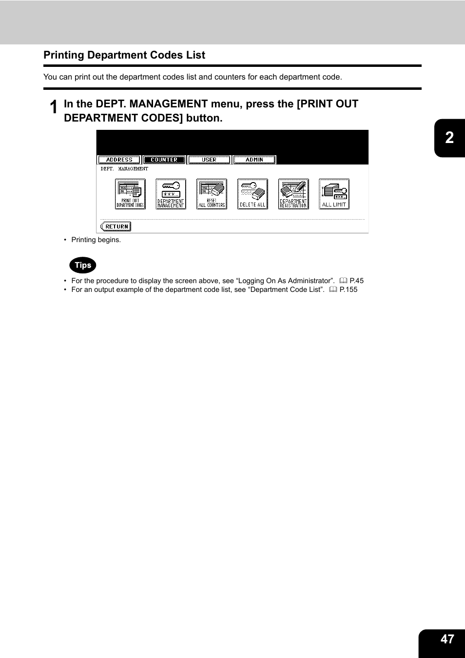 Printing department codes list, P.47 “printing department codes list | Toshiba TEC B 452 User Manual | Page 49 / 184