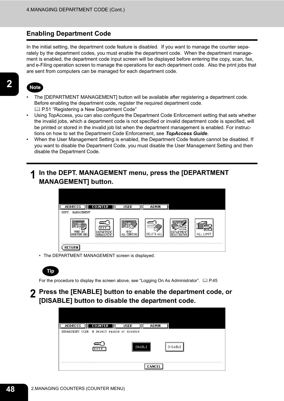 Enabling department code, P.48 “enabling department code | Toshiba TEC B 452 User Manual | Page 50 / 184