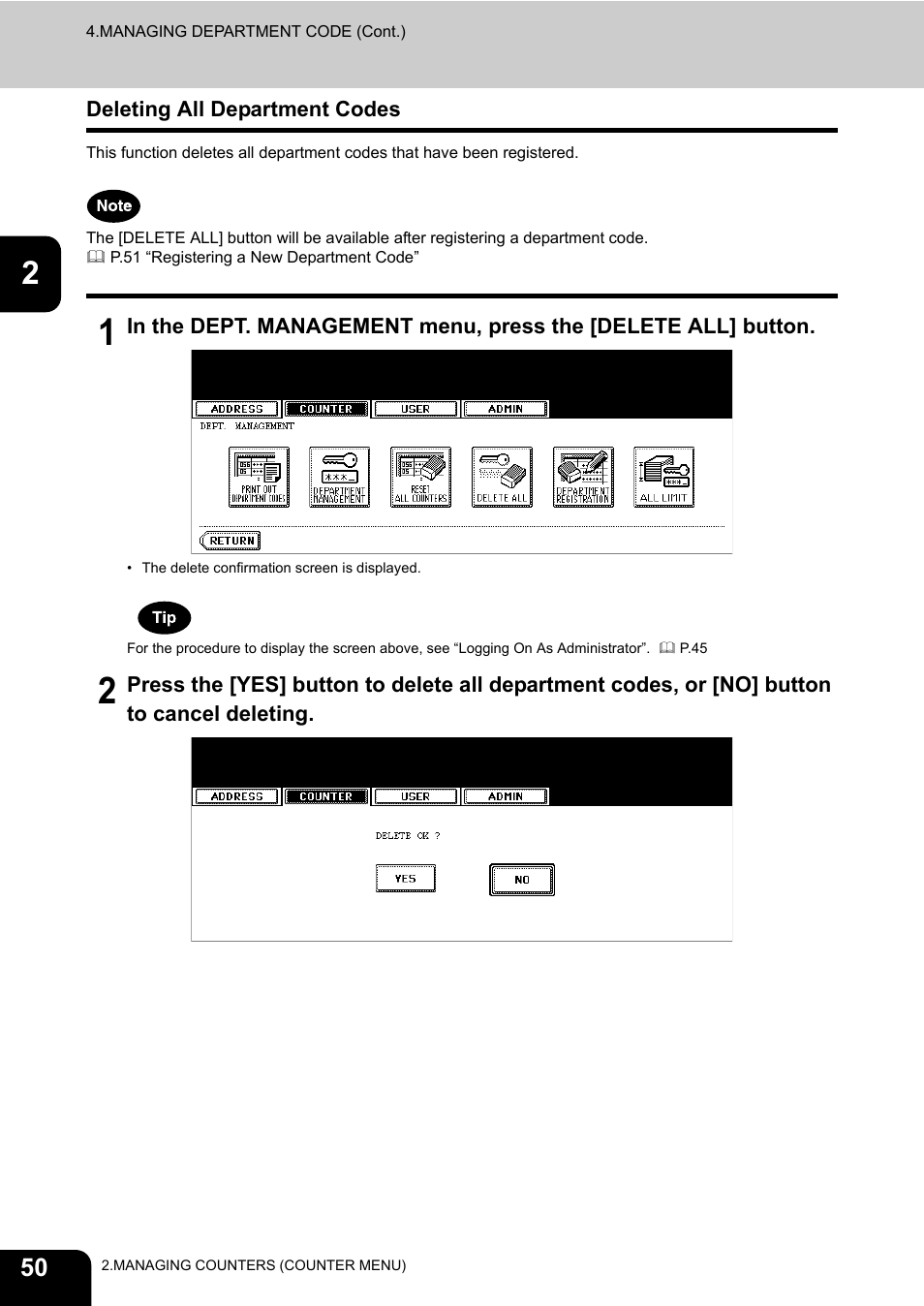 Deleting all department codes, P.50 “deleting all department codes | Toshiba TEC B 452 User Manual | Page 52 / 184