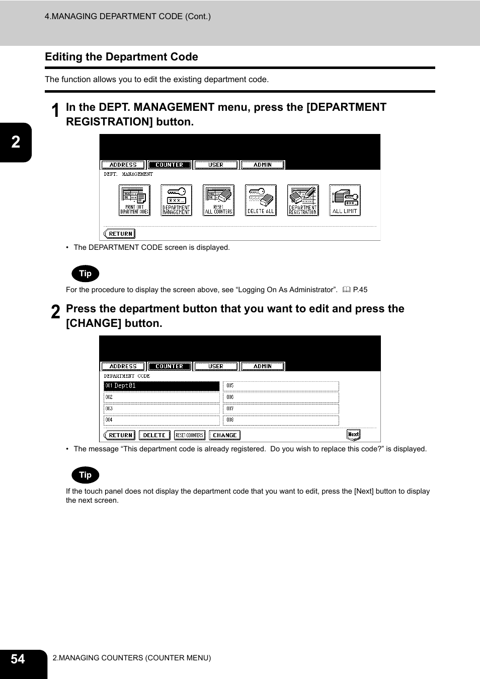 Editing the department code, P.54 “editing the department code | Toshiba TEC B 452 User Manual | Page 56 / 184