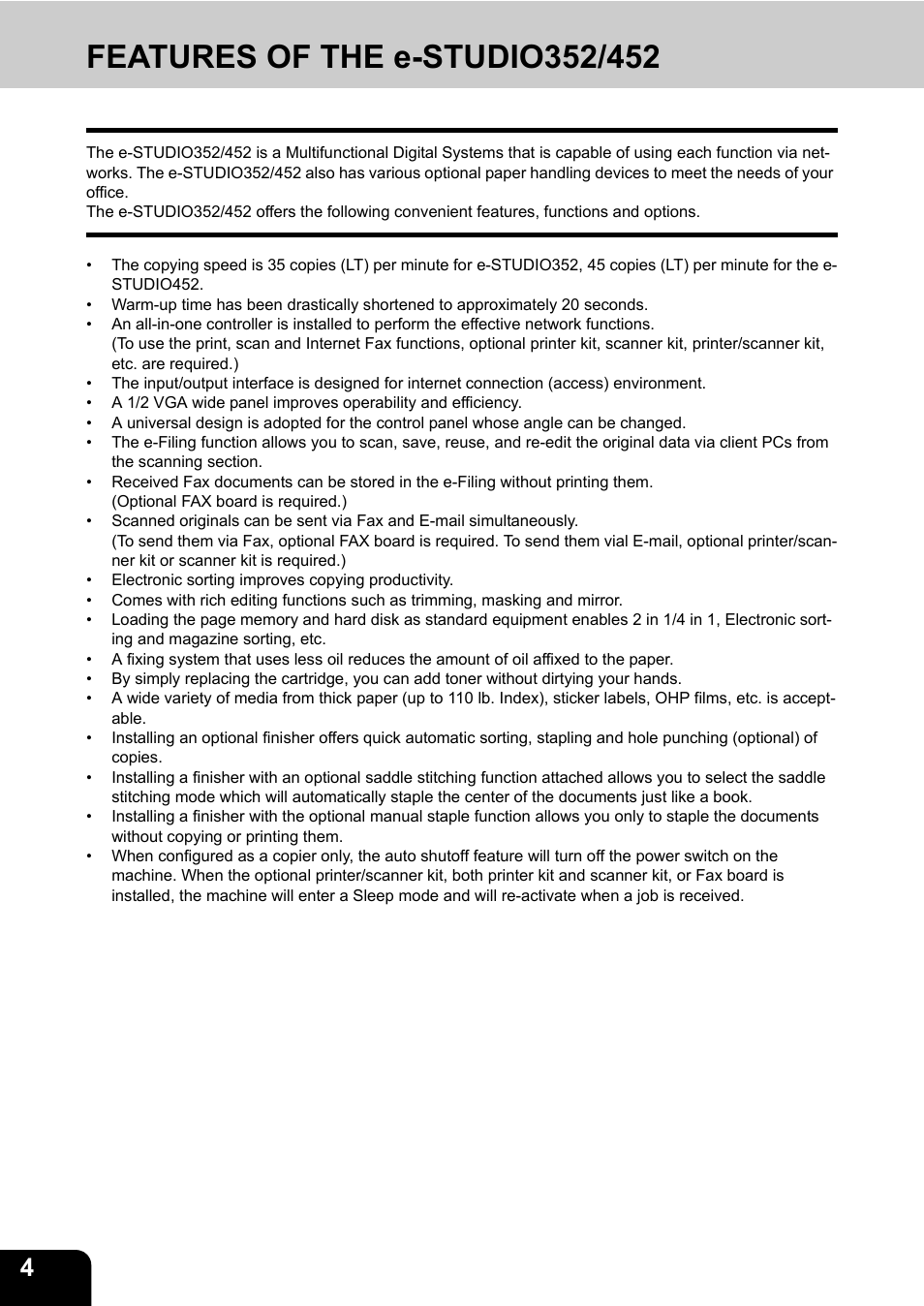 Features of the e-studio352/452 | Toshiba TEC B 452 User Manual | Page 6 / 184