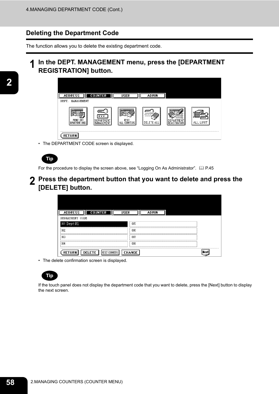 Deleting the department code, P.58 “deleting the department code | Toshiba TEC B 452 User Manual | Page 60 / 184