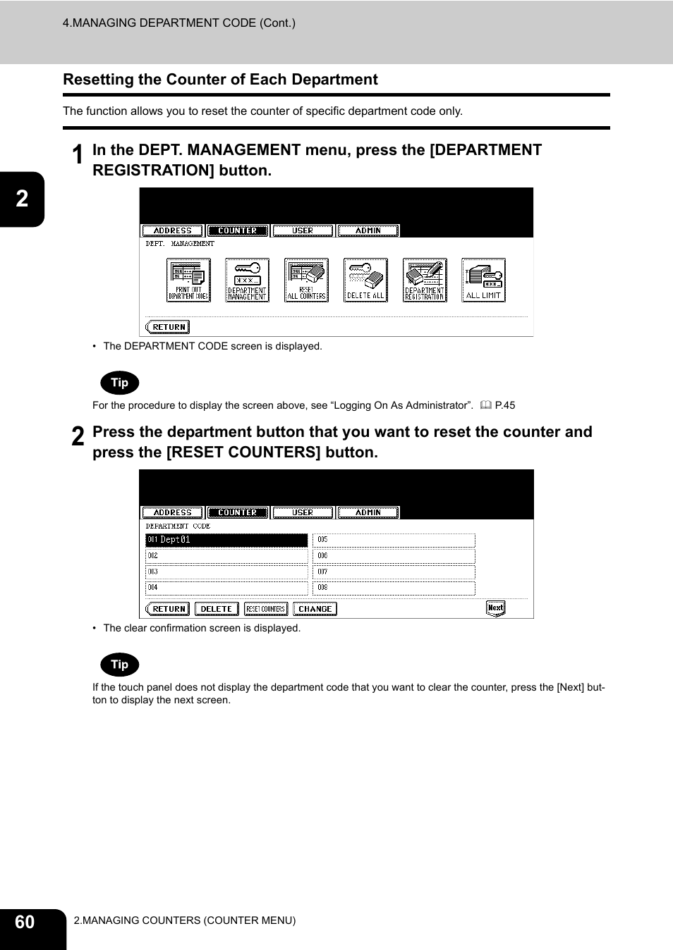 Resetting the counter of each department, P.60 “resetting the counter of each department | Toshiba TEC B 452 User Manual | Page 62 / 184