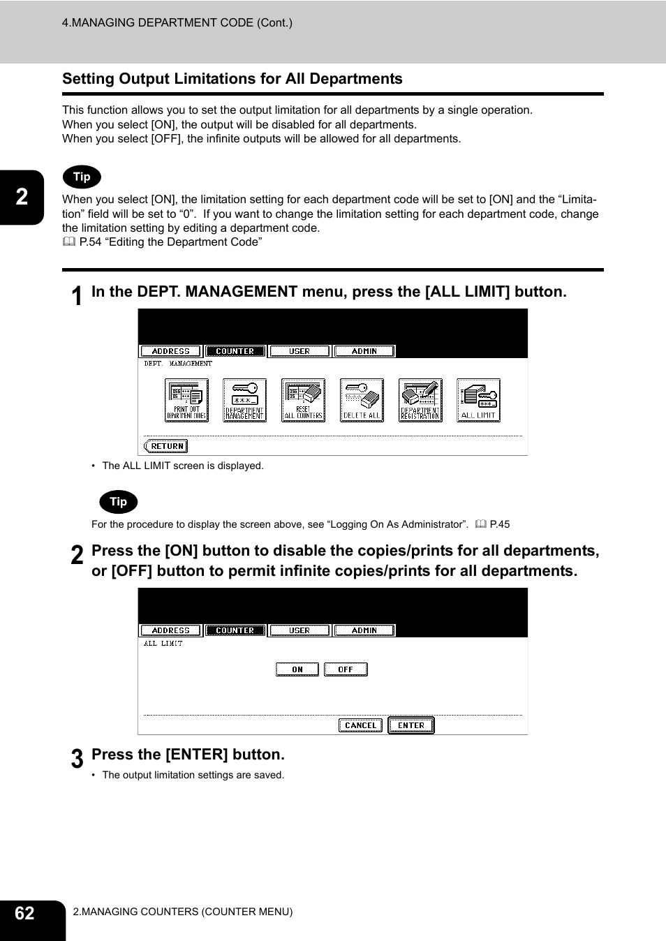 Setting output limitations for all departments | Toshiba TEC B 452 User Manual | Page 64 / 184