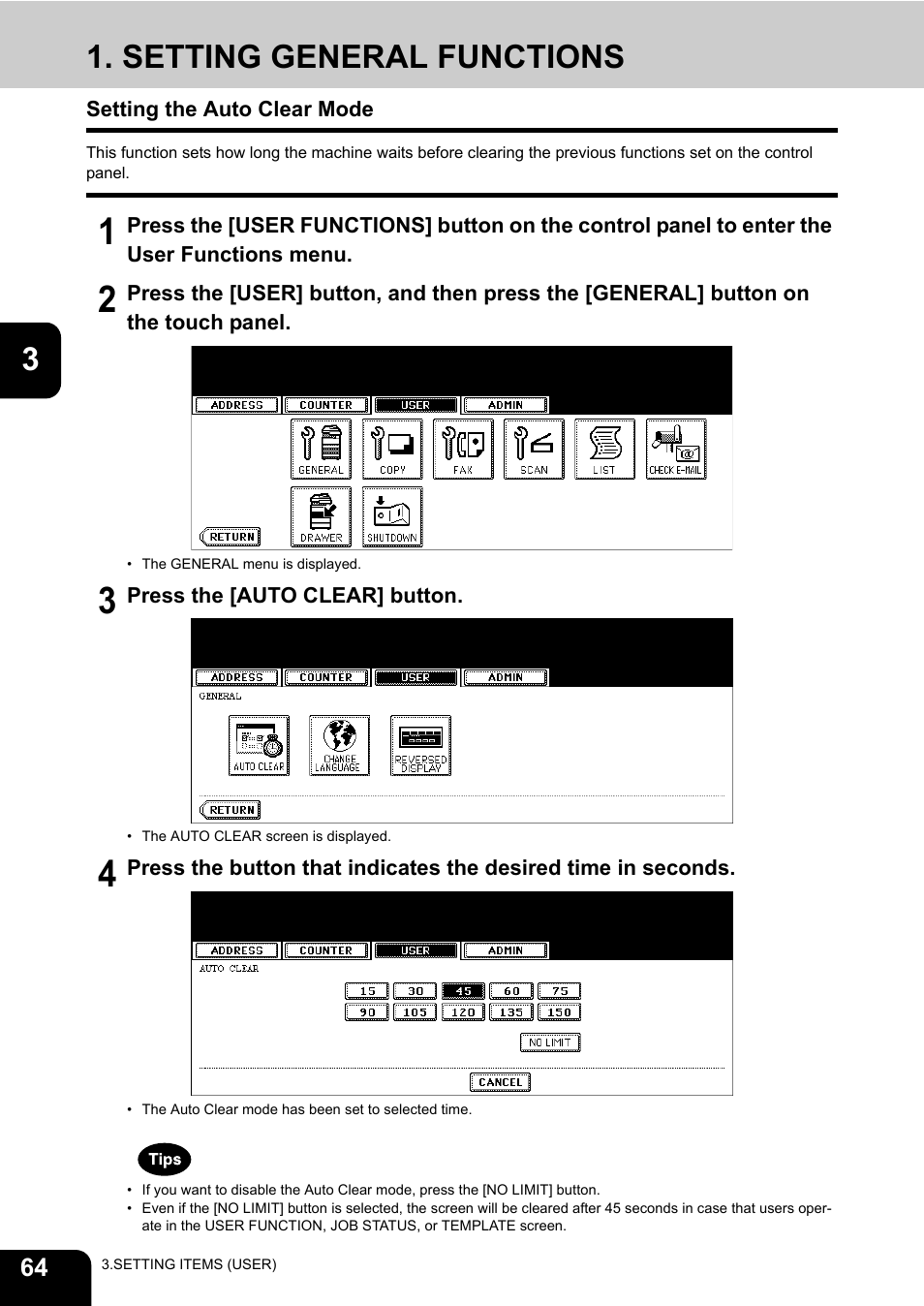 Setting general functions, Setting the auto clear mode | Toshiba TEC B 452 User Manual | Page 66 / 184