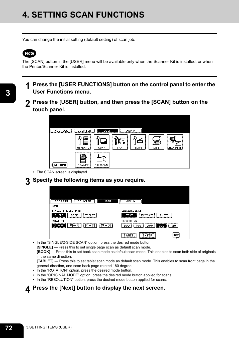 Setting scan functions | Toshiba TEC B 452 User Manual | Page 74 / 184