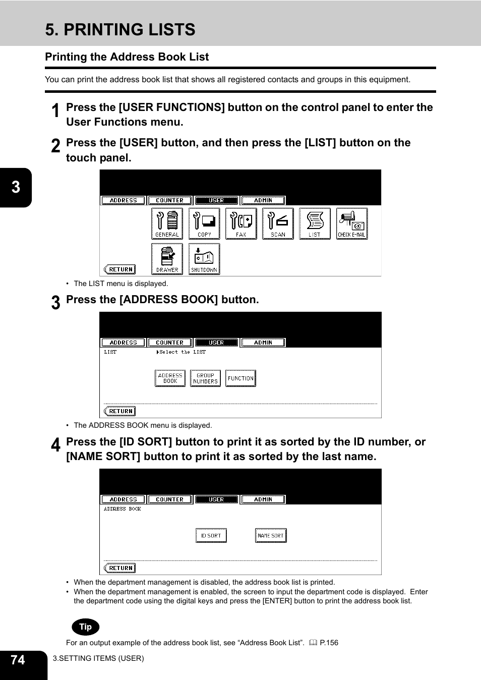 Printing lists, Printing the address book list | Toshiba TEC B 452 User Manual | Page 76 / 184