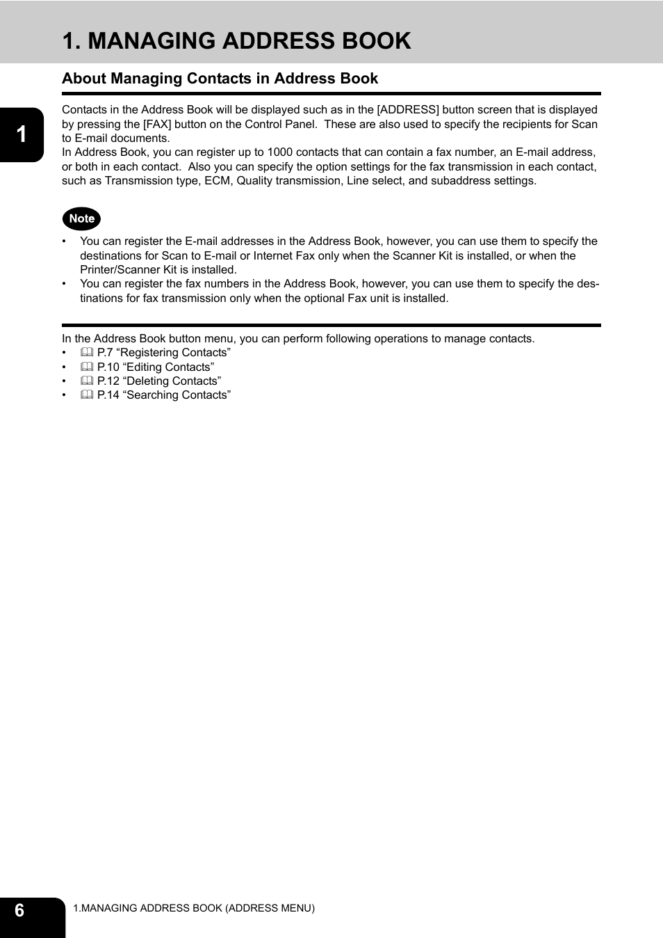 Managing address book, About managing contacts in address book | Toshiba TEC B 452 User Manual | Page 8 / 184