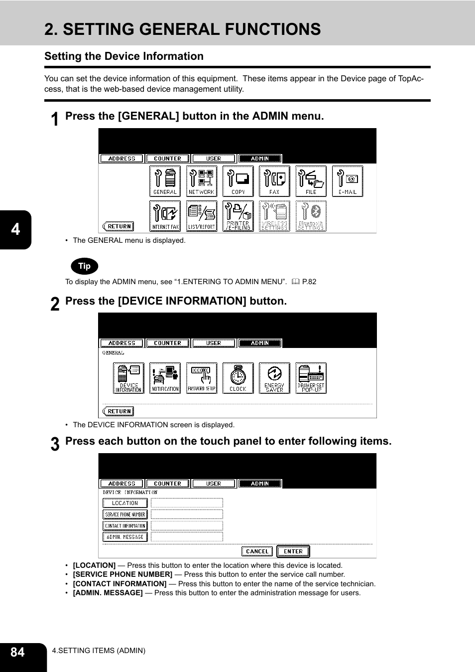 Setting general functions, Setting the device information, P.84 “2.setting general functions | Toshiba TEC B 452 User Manual | Page 86 / 184