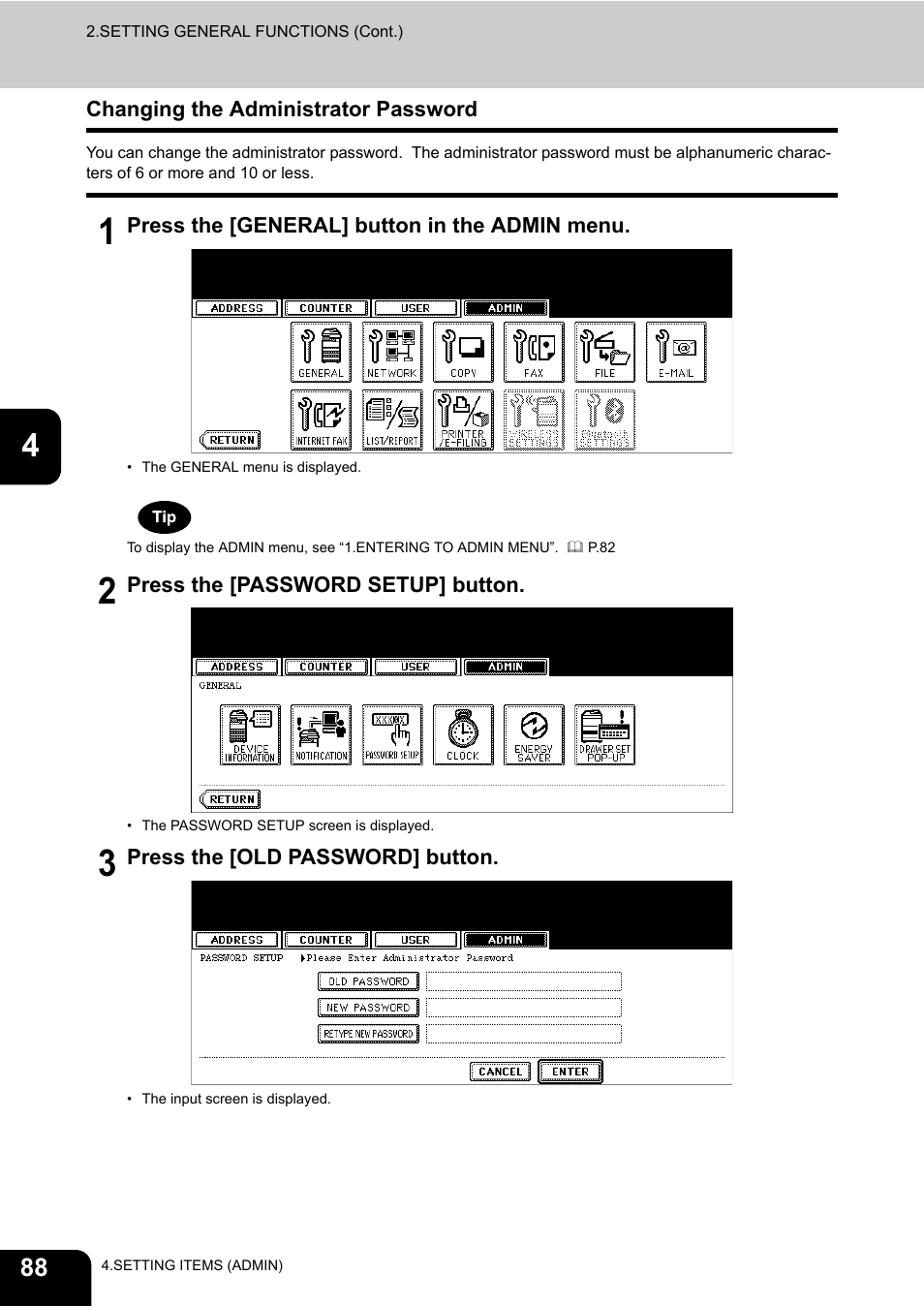 Changing the administrator password | Toshiba TEC B 452 User Manual | Page 90 / 184