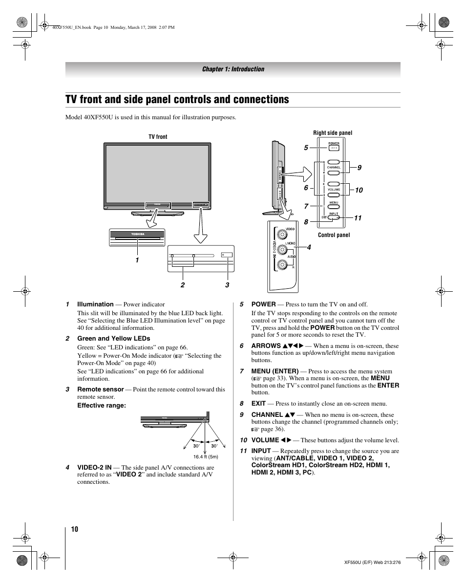 Tv front and side panel controls and connections | Toshiba 2XF550U User Manual | Page 10 / 74