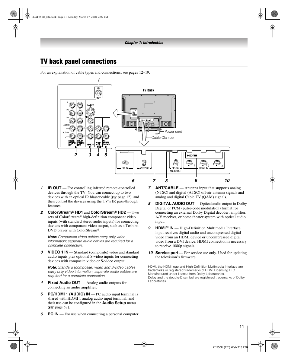 Tv back panel connections | Toshiba 2XF550U User Manual | Page 11 / 74