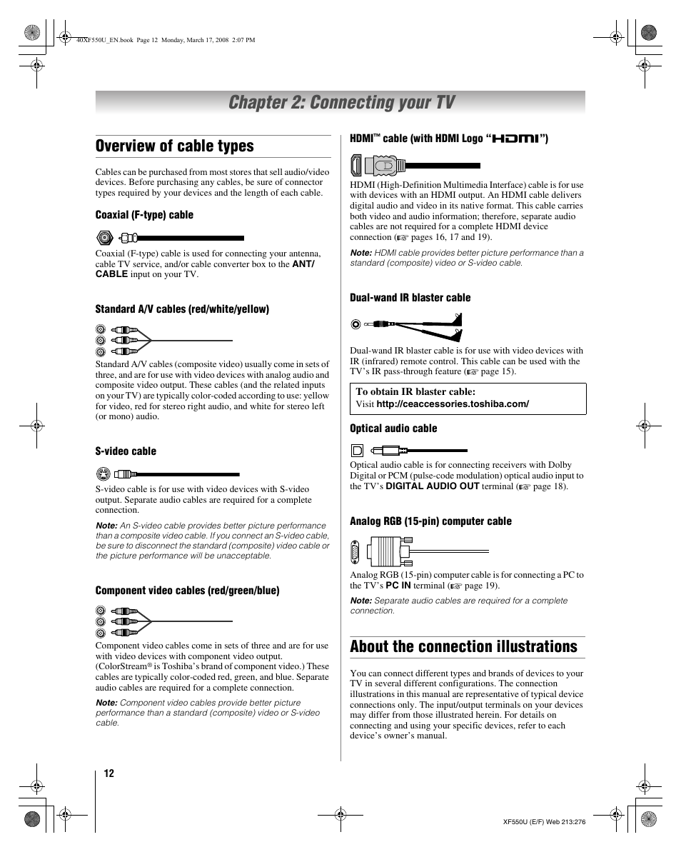 Chapter 2: connecting your tv, Overview of cable types, About the connection illustrations | Toshiba 2XF550U User Manual | Page 12 / 74
